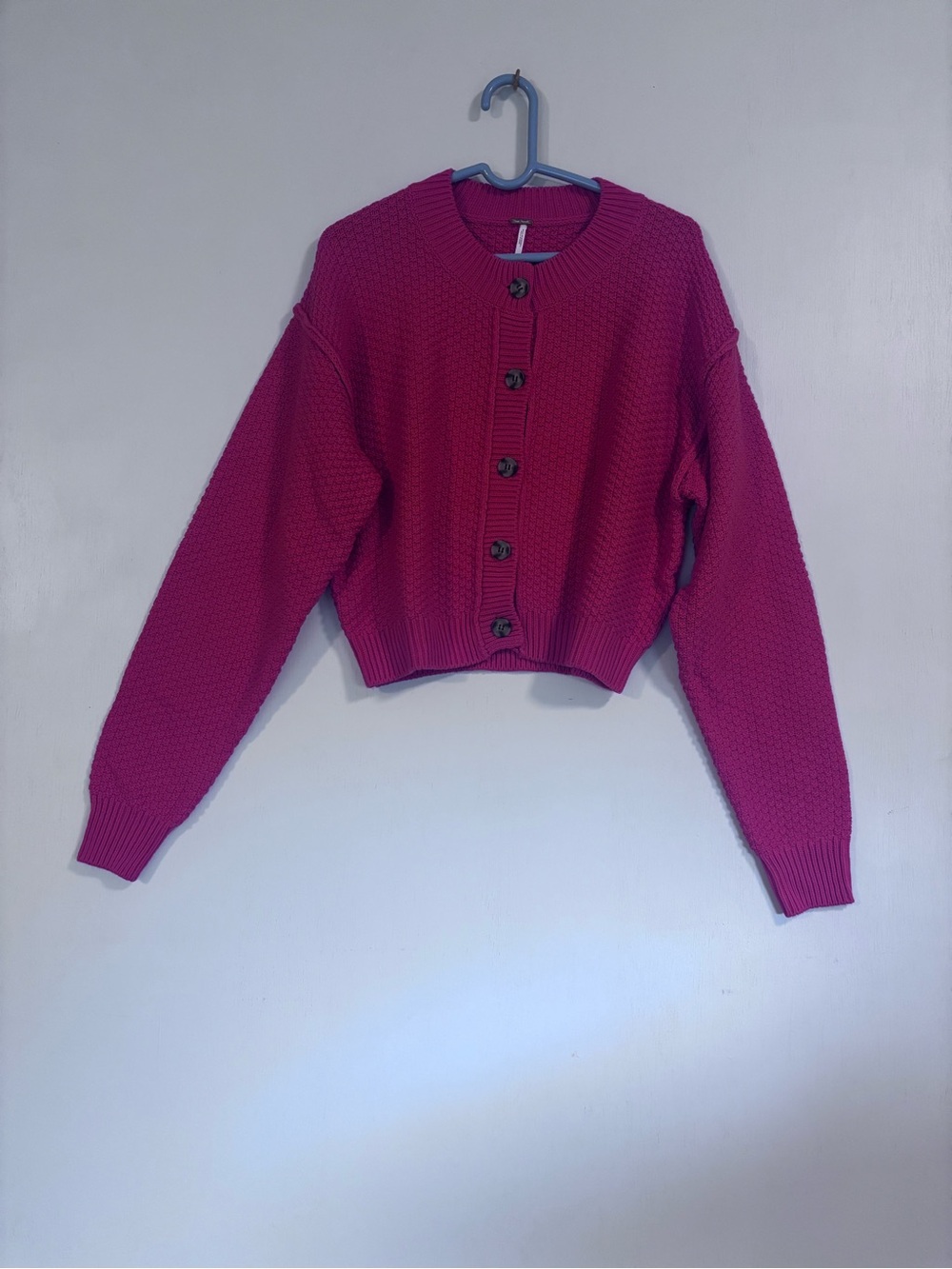 Free People Bright Fuchsia Button-Up Cropped Cardigan